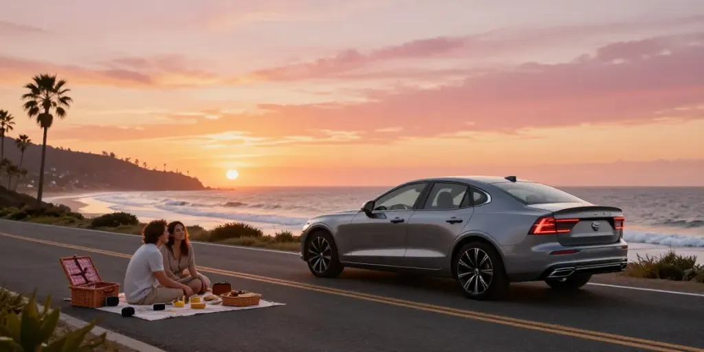 Noleggio lungo termine Volvo con una coppia che si gode un picnic sulla spiaggia al tramonto, evidenziando la bellezza e lo stile del veicolo.