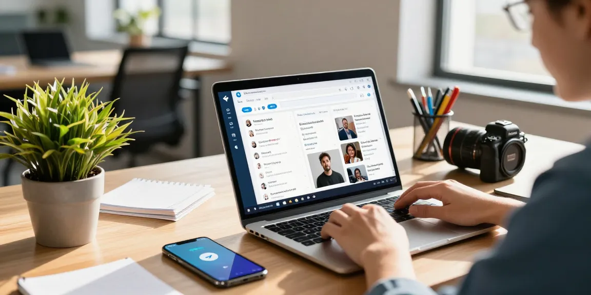 User navigating the Telegram web version in a modern workspace with laptop and smartphone.