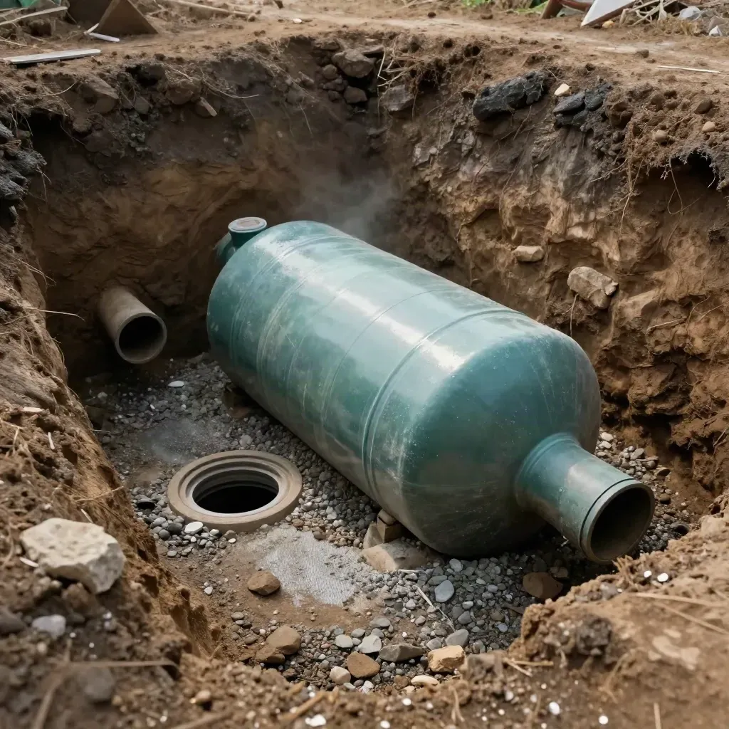 Scavo con vasca interrata, ghiaia, geotessile e pozzetto emerso nel cantiere.