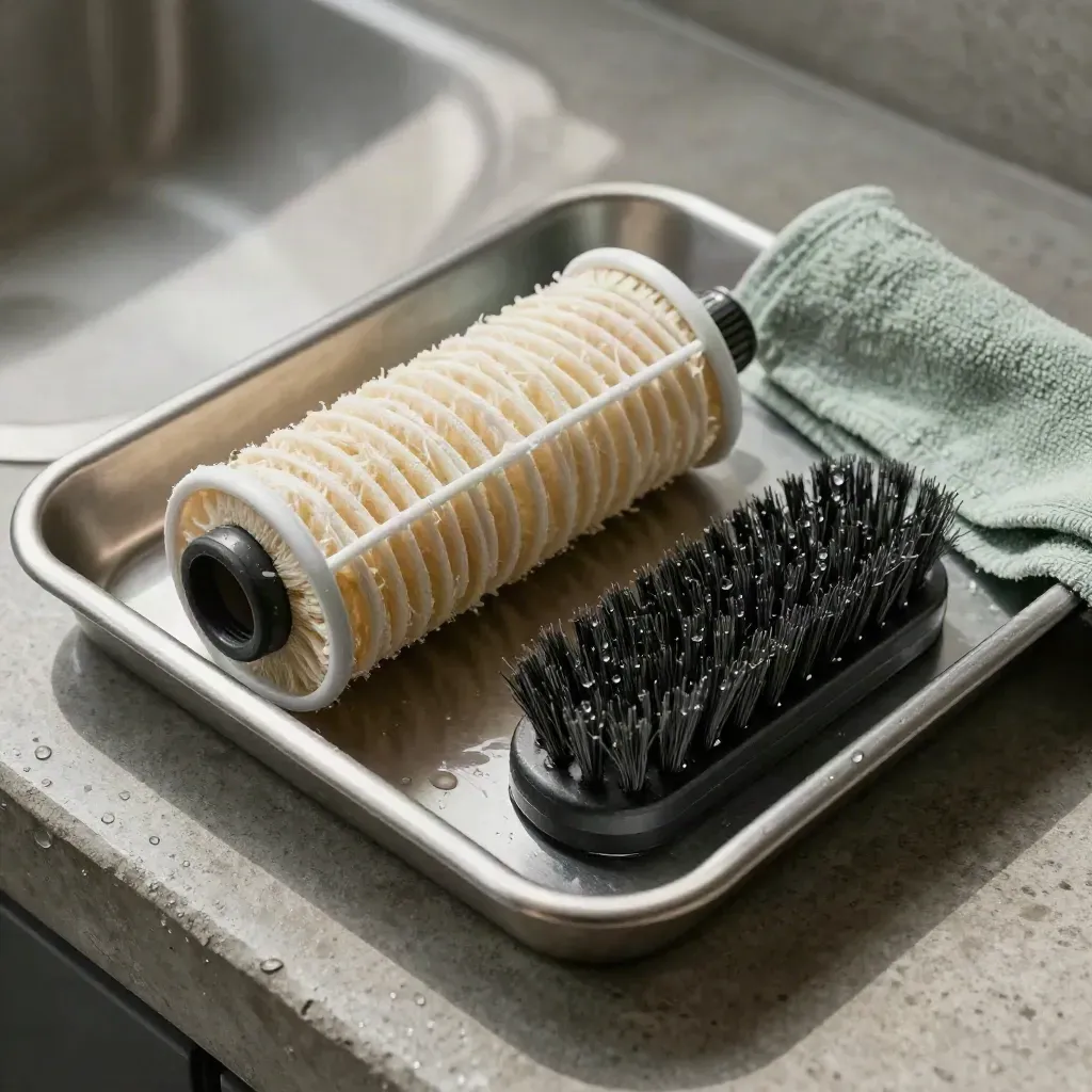 Cartuccia filtro lavata, O-ring, spazzola morbida e tappo di ispezione su vassoio d’acciaio.