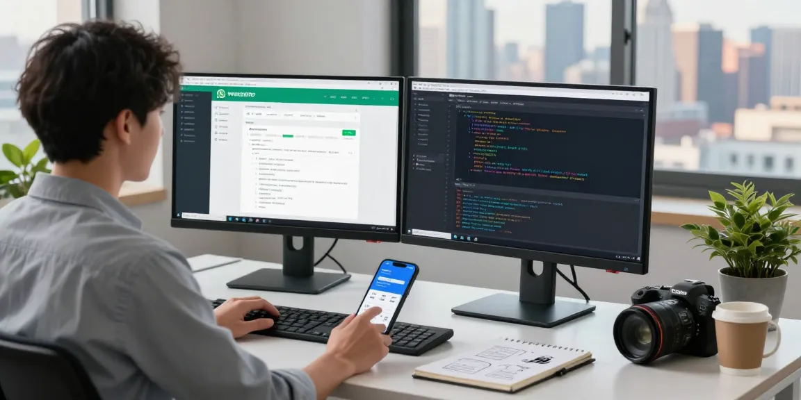 WhatsApp網頁版 displayed on dual monitors in a modern office workspace, highlighting professional productivity and digital communication.